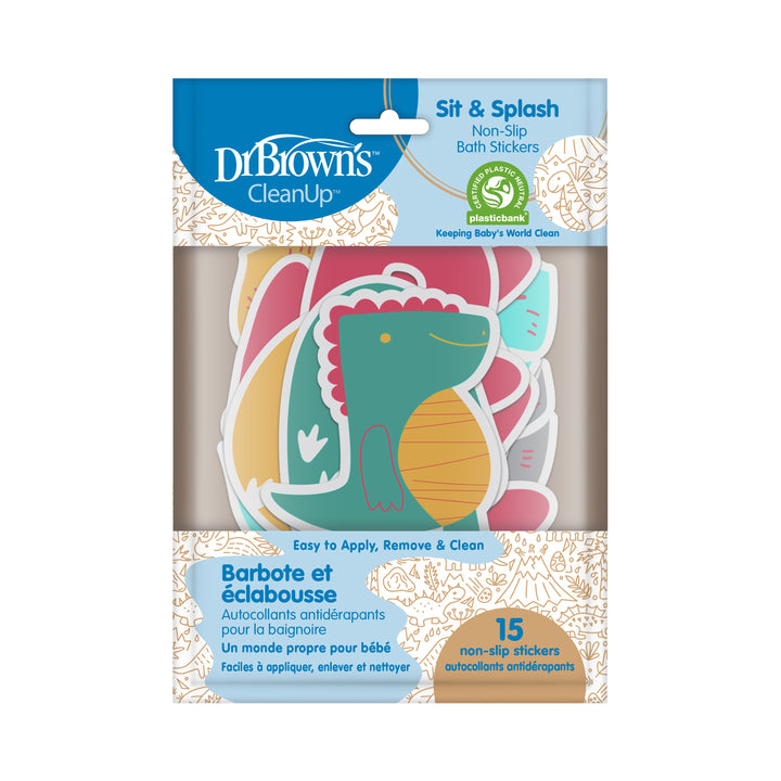 Packaging for Dr. Brown’s™ CleanUp™ Sit & Splash Non-Slip Bath Stickers. The set contains 15 vibrant, animal-shaped stickers engineered to ensure safety during bath time. Labels are available in both English and French.