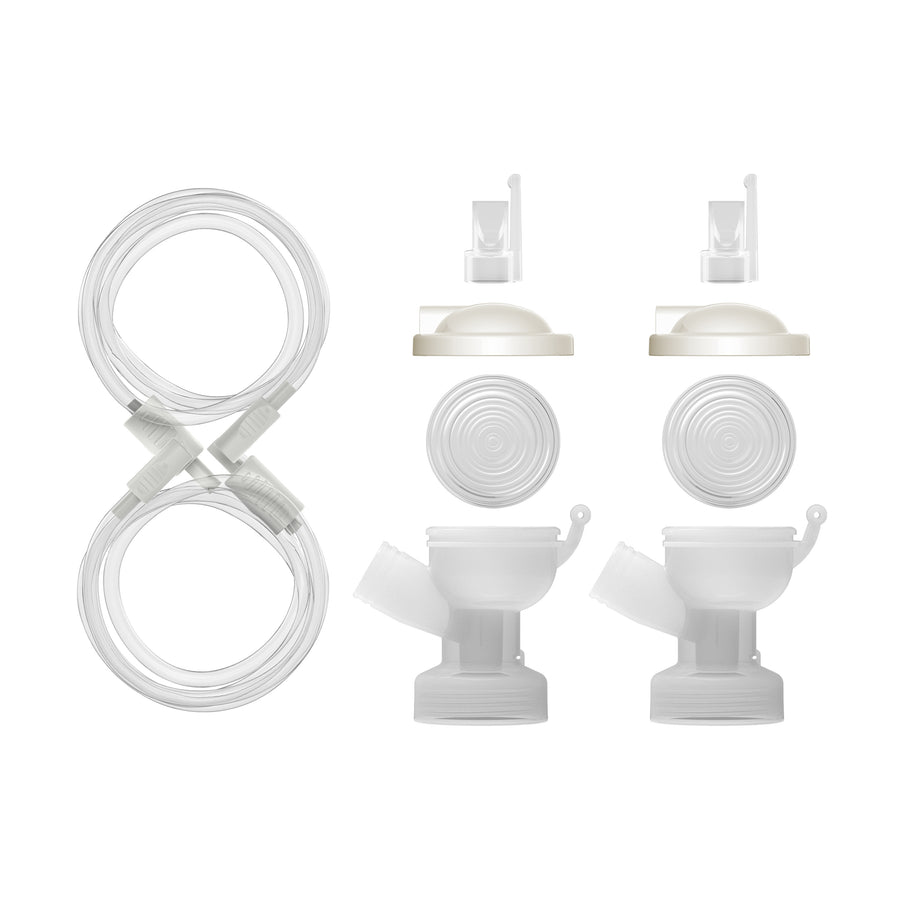 Image showcasing the Dr. Brown's Customflow™ Double Electric Breast Pump Replacement Parts Kit, which includes two sets of pump connectors, tubes, collection containers, valves, and lids. The components are neatly arranged on a white background.