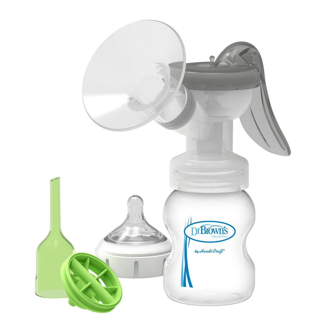 Introducing Dr. Brown's™ Manual Breast Pump, featuring the SoftShape™ Silicone Shield and a transparent design. Equipped with the Anti-Colic Options+ system, it includes a green funnel, disc, and bottle nipple with ring for seamless feeding.