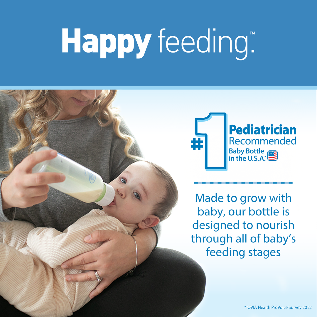 A person feeds a baby with Dr. Brown’s Natural Flow® Anti-Colic Options+™ Narrow Glass Baby Bottle, equipped with an innovative breast-like Level 1 Slow Flow Nipple. The image emphasizes "Happy feeding" at the top and includes the phrase "Pediatrician Recommended," along with promotional details highlighting the anti-colic design and the bottle's durable glass construction.