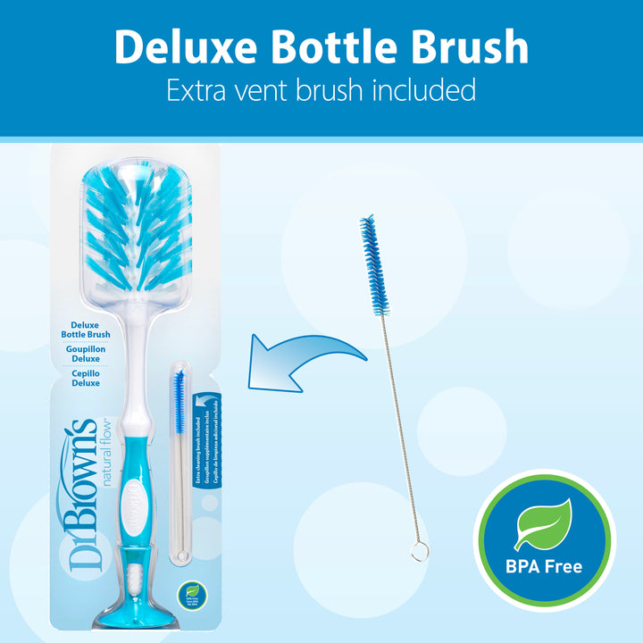 Dr. Brown's Natural Flow® Deluxe Bottle Brush, featuring a blue handle with white-and-blue bristles, includes a thin nipple cleaner and extra vent brush with sleek blue bristles. It's packaged neatly and "BPA Free" for safe cleaning.