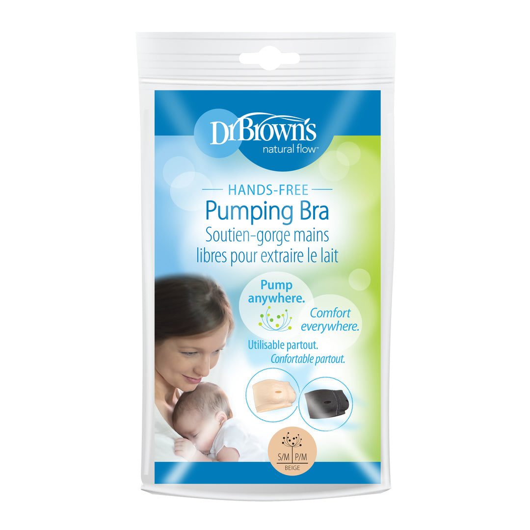 The packaging for Dr. Brown's Hands Free Pumping Bra highlights its customizable fit and easy portability. The text emphasizes comfort, making it perfect for use with electric pumps. The images feature a mother with her baby and include a detailed close-up of the bra.