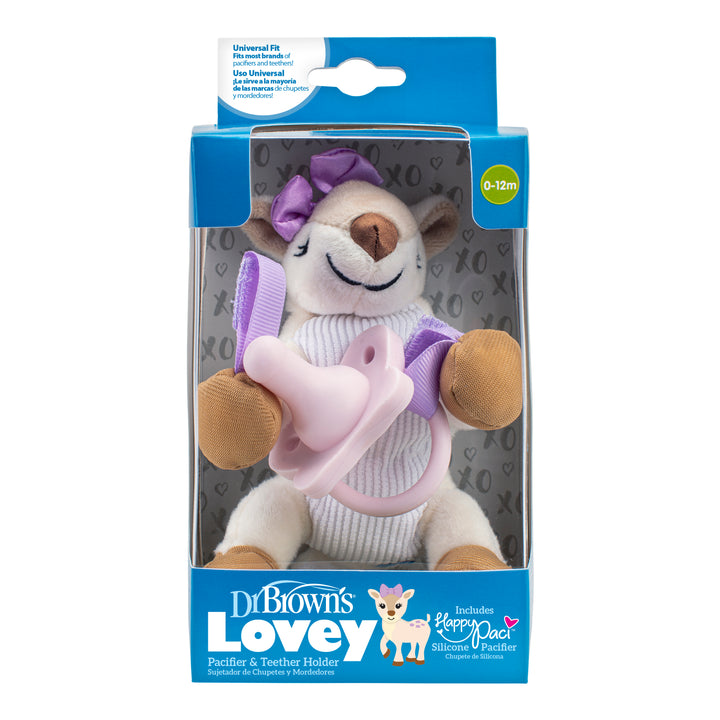 A packaged Dr. Brown’s® Lovey Pacifier and Teether Holder is displayed, showcasing a teether holder designed as a plush deer paired with a pacifier. The blue and white packaging is suitable for babies aged 0-12 months.