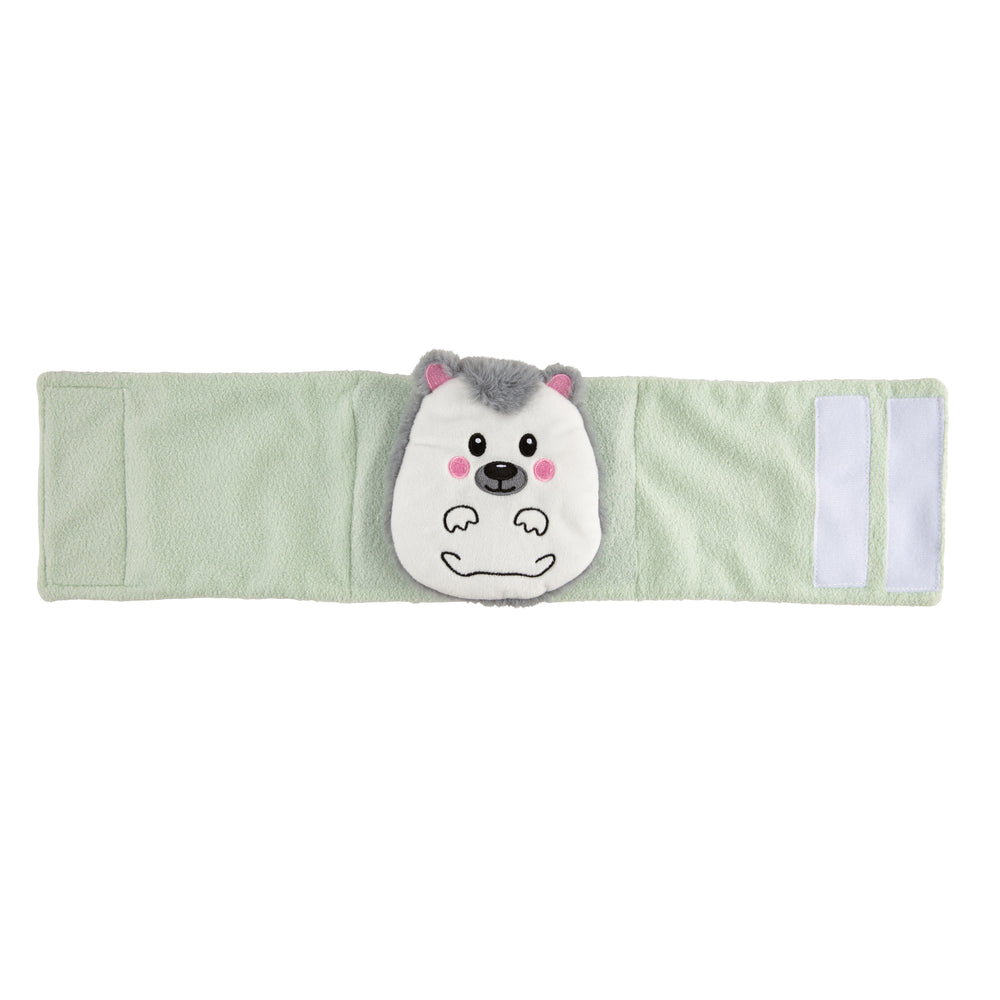 Dr. Brown’s™ Infant Gripebelt™, in green, features an adorable hedgehog face pouch at the center, designed especially for baby colic relief. This belt, from Dr. Brown's brand, includes white Velcro patches on one end for secure fastening and showcases a cute hedgehog with gray ears, pink cheeks, and black eyes.