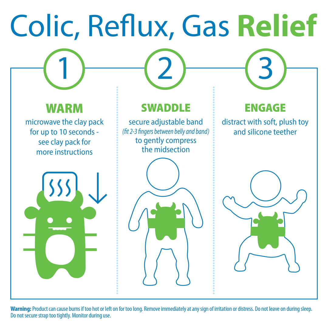 Infographic titled "Colic, Reflux, Gas Relief" featuring three numbered steps: 1) Use Dr. Brown’s™ Gripebelt™, a heated swaddling belt for comfort, 2) Swaddle with an adjustable band, 3) Engage using a soft toy and teether by Dr. Brown's. Includes natural gas relief tips and safety warnings at the bottom.