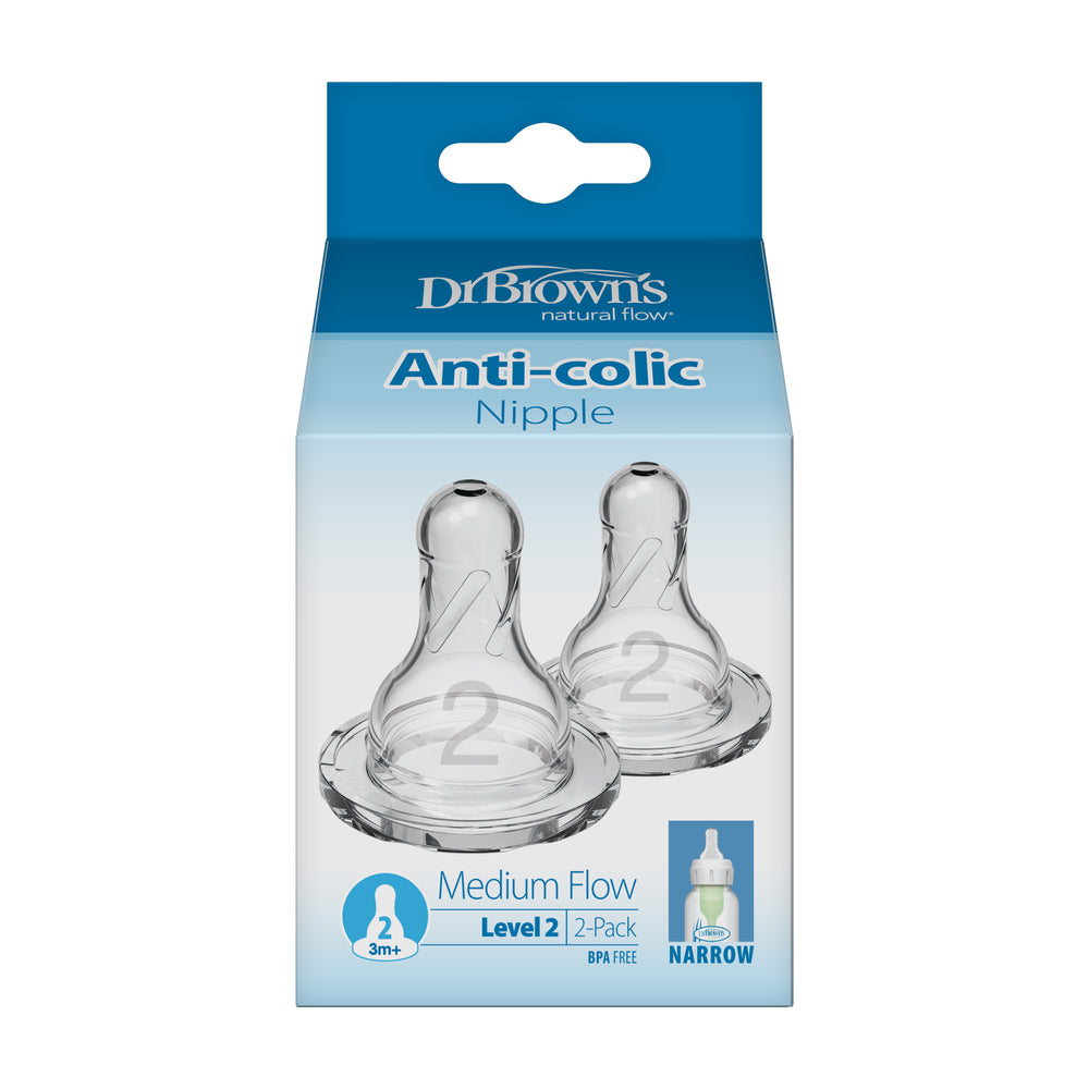 Packaging for Dr. Brown's Natural Flow® Narrow Baby Bottle Silicone Nipple, 2-Pack: medium flow, level 2, designed for infants aged 3 months and older. Includes two BPA-free nipples aimed at minimizing colic and ensuring a comfortable feeding experience.