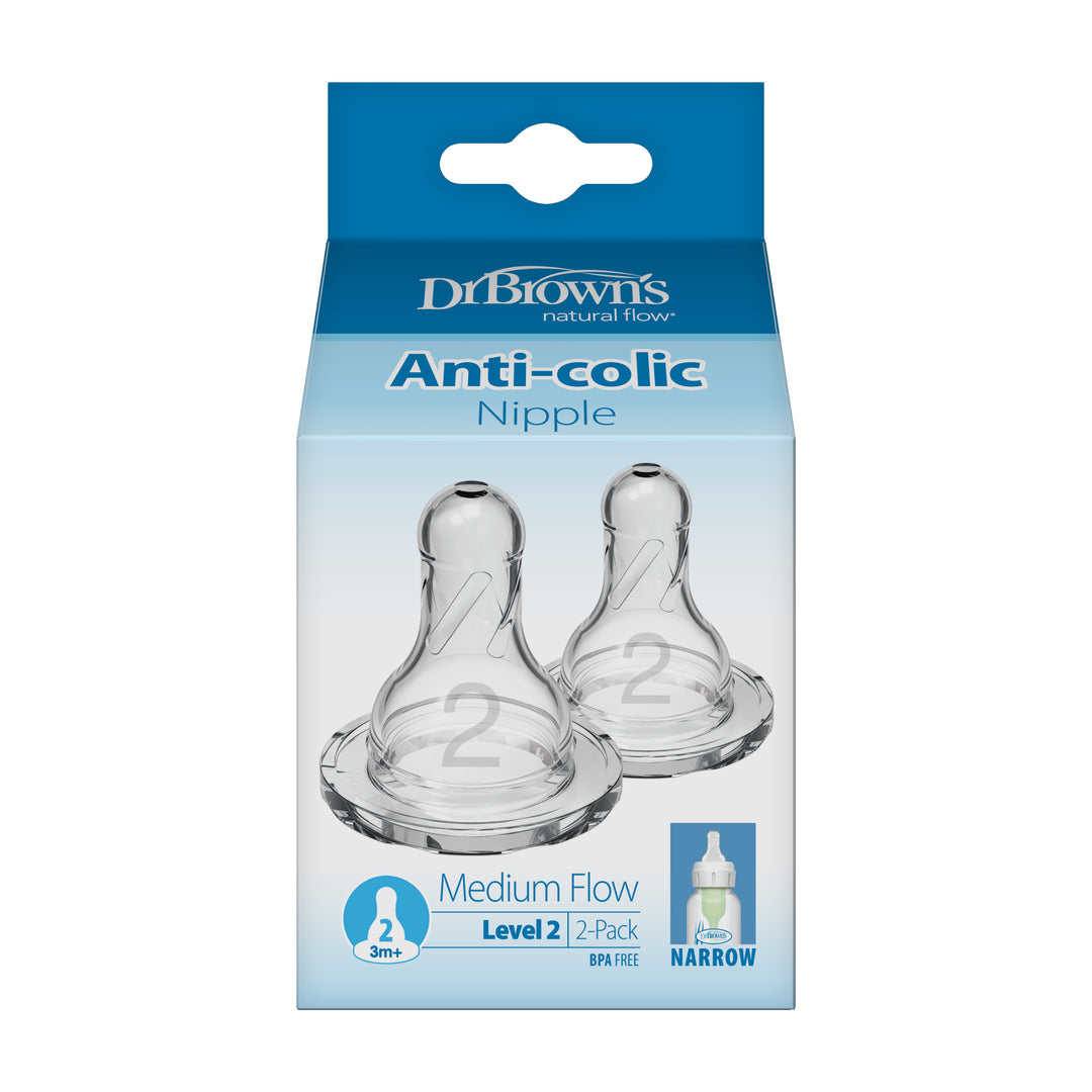 Packaging for Dr. Brown's Natural Flow® Narrow Baby Bottle Silicone Nipple, 2-Pack: medium flow, level 2, designed for infants aged 3 months and older. Includes two BPA-free nipples aimed at minimizing colic and ensuring a comfortable feeding experience.