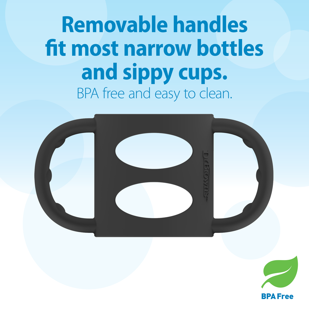 Illustration of Dr. Brown’s® Milestones™ Narrow Silicone Handles from Dr. Brown's, designed for use with narrow bottles and sippy cups to encourage independent drinking and enhance baby drinking skills. The text emphasizes that these handles are BPA-free and easy to clean, accompanied by a green leaf icon in the bottom right corner symbolizing their BPA-free nature.