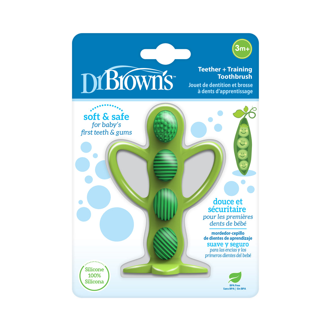 This charming teether and training toothbrush from Dr. Brown's™ is designed as a peapod and made entirely of silicone, making it both soft and safe for babies aged 3 months and older. The packaging highlights its delightful green color and suitability for little ones.