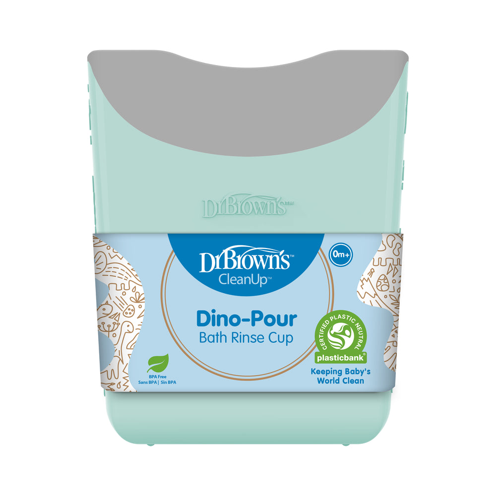 A Dr. Brown’s™ CleanUp™ Dino-Pour Baby Bath Rinse Cup in light blue and grey for babies, suitable for ages 0 months and up. It showcases a dinosaur motif and ensures a tear-free bath experience, with a label indicating it is made from recycled plastic.