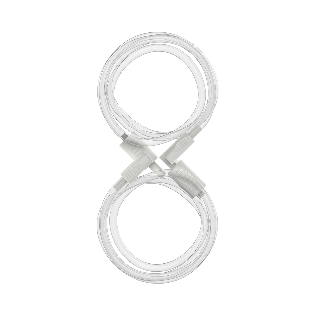 Two coiled transparent tubes, similar to the Tubing for Dr. Brown's Customflow™ Double Electric Breast Pump, are shaped like an "8," joined by white connectors at the intersection. The tubes look pristine and unused, delivering a neat and organized presentation ideal for use with Dr. Brown's breast pump system.