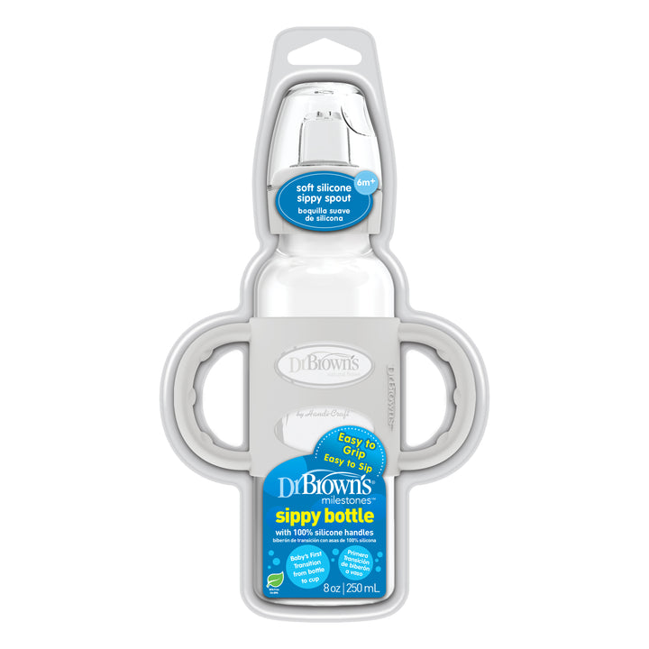 The Dr. Brown's® Milestones™ Narrow Sippy Spout Bottle with Silicone Handles, 8 oz/250 ml, offers an easy grip with its gray silicone handles and features a soft sippy spout suitable for children aged 6 months and older.