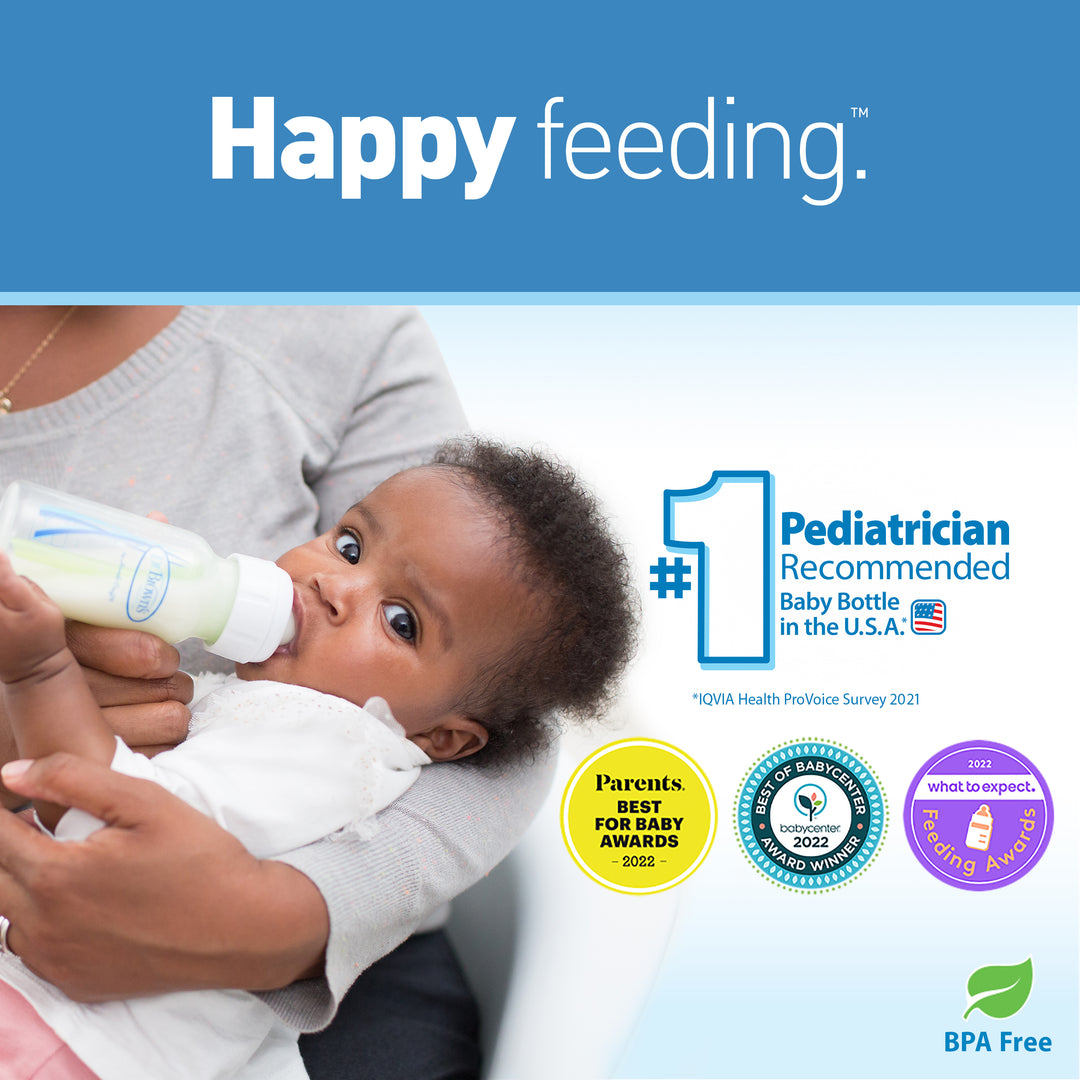 A baby enthusiastically drinks from a bottle held by an adult, with the image featuring accolades like "#1 Pediatrician Recommended Baby Bottle in the U.S.A." and logos such as "Parents' Best for Baby Awards 2022" and "BPA Free," emphasizing Dr. Brown's Natural Flow® Anti-Colic Options+™ Narrow Baby Bottle Gift Set with Advantage™ Pacifier and Bottle Travel Caps.