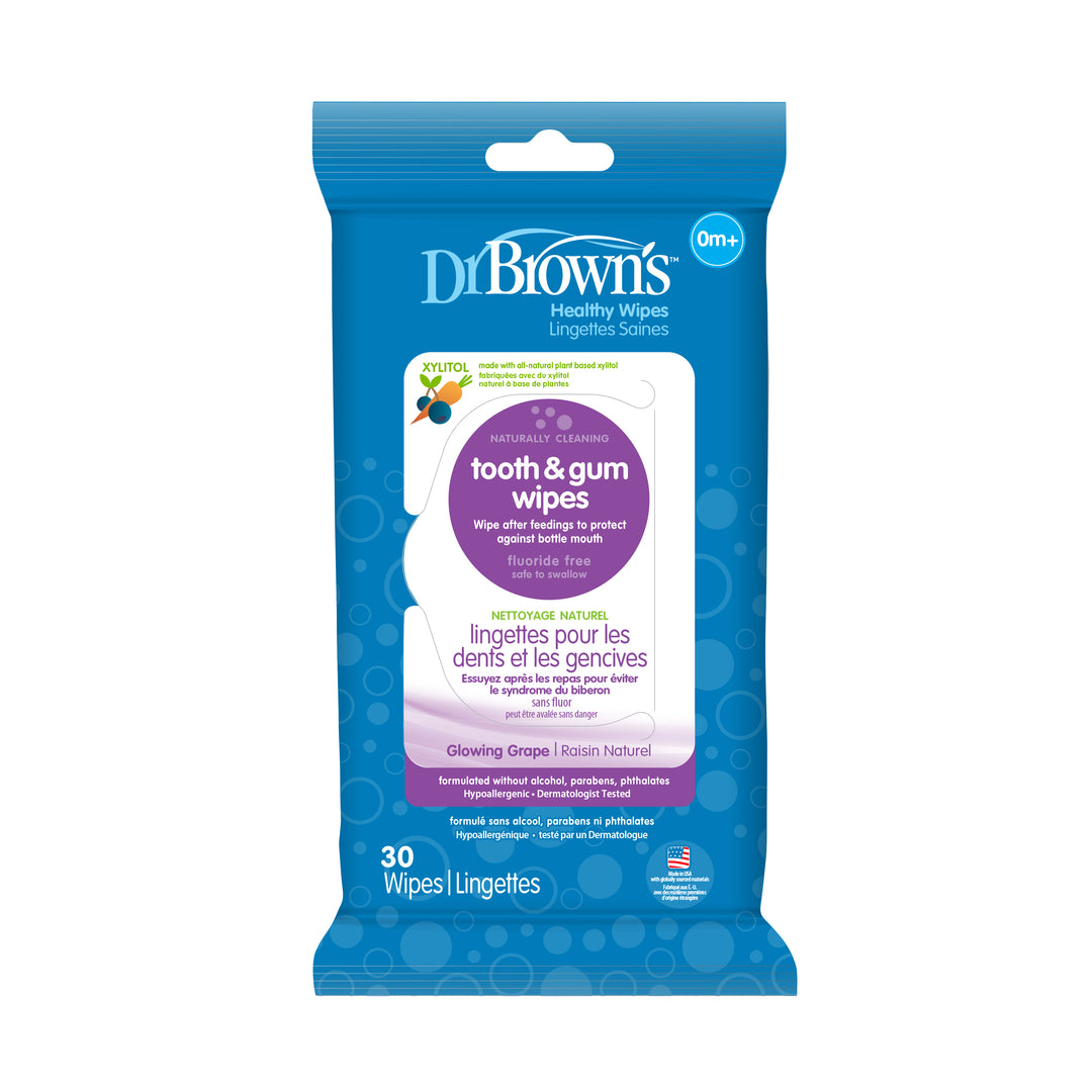 Packaging of Dr. Brown's Tooth and Gum Wipes, 30 Count, proudly presents a naturally cleansing formula featuring xylitol, ideal for maintaining oral hygiene with a delightful grape flavor. These wipes are suitable for keeping your baby’s mouth clean from birth and beyond.