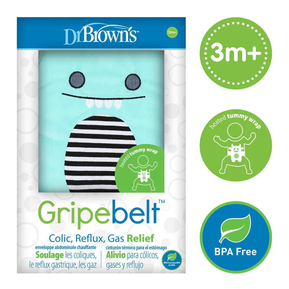 The Dr. Brown’s™ Gripebelt™ Colic Swaddling Belt features a charming character design perfect for babies aged 3 months and older. It includes a heated tummy wrap made from BPA-free materials, with icons highlighting its advantages in easing natural gas relief, colic, and reflux for soothing baby colic discomfort.