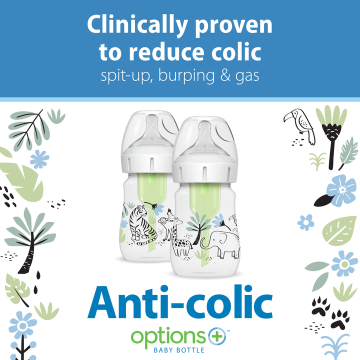 A pair of Dr. Brown’s Natural Flow® Anti-Colic Options+™ Wide-Neck Baby Bottles, each with a 5oz/150mL capacity, features charming animal designs and green accents. Above the bottles, text states: "Clinically proven to reduce colic, spit-up, burping & gas." The background is adorned with decorative leaves and flowers.