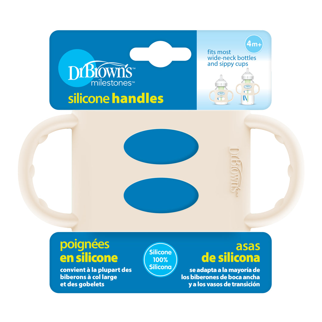 The packaging for Dr. Brown’s® Milestones™ Wide-Neck Silicone Handles, designed for independent drinking with wide-neck bottles and sippy cups, is crafted from 100% silicone in a blue and white color scheme, with labels available in English, French, and Spanish.