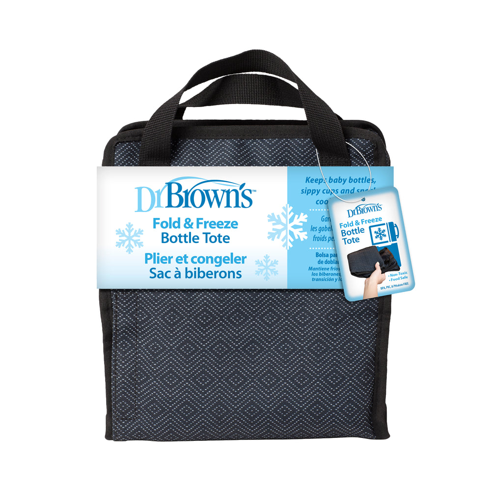 Dr. Brown's Fold & Freeze Bottle Tote packaging features a stylish black cooler bag for breast milk that includes a convenient handle. The packaging emphasizes its cooling capabilities with blue text and snowflake designs, along with a reusable ice pack to effectively keep baby bottles chilled.