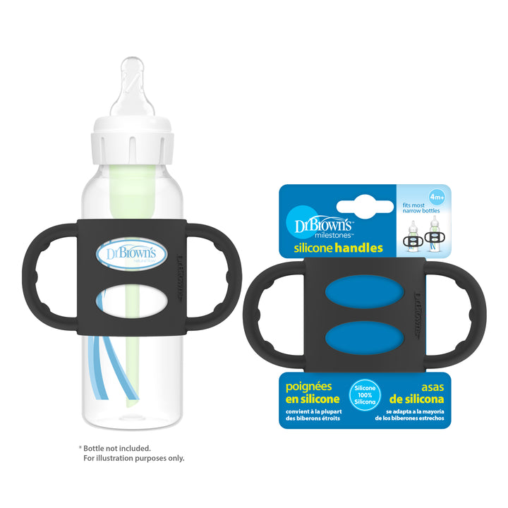 A Dr. Brown’s® Milestones™ Narrow Silicone Handle, designed for promoting independent drinking, sits beside its packaging. The handle is black with two side grips, specifically made to fit narrow bottles. The packaging showcases blue and white text and images illustrating how it encourages baby drinking skills.