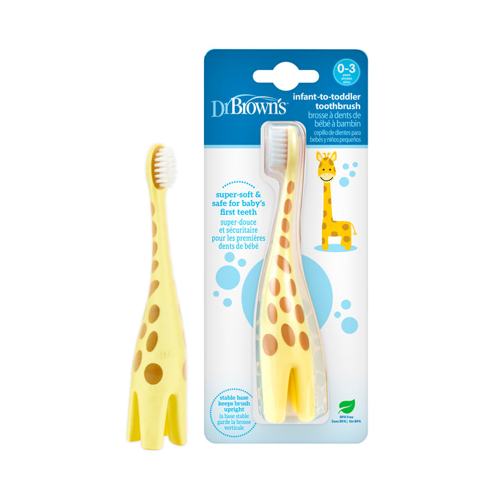 A package of Dr. Brown's Infant-to-Toddler Toothbrush comes in a yellow giraffe design. This one-pack set includes two toothbrushes, designed for children aged 0-3, and the packaging emphasizes the "super-soft" bristles ideal for baby's first teeth.