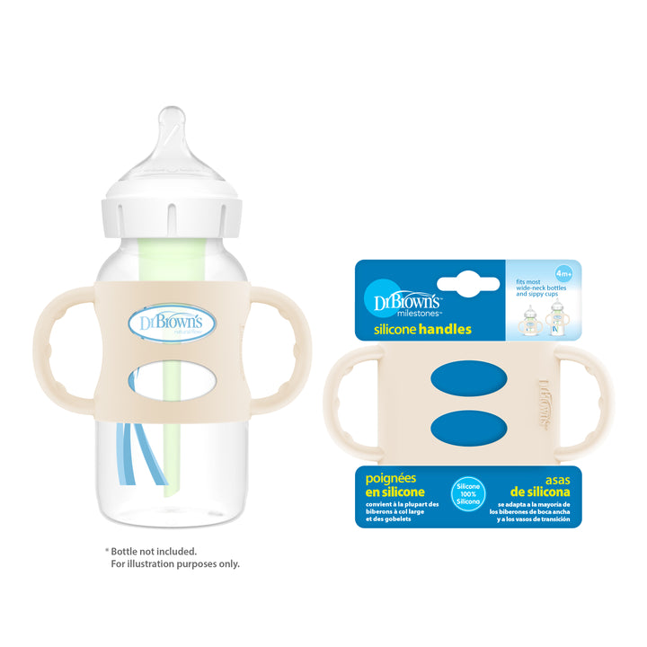 A Dr. Brown’s® Milestones™ Wide-Neck Silicone Handle in cream, featuring side grips for easier independent drinking. Next to it is the packaging for Dr. Brown's handles, compatible with wide-neck bottles and designed for effortless gripping.