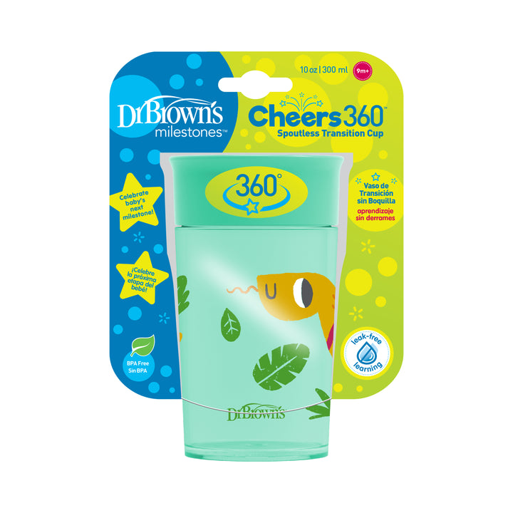 The Dr. Brown’s® Milestones™ Cheers360™ Cup 10 oz/300 mL is a kids' 360-degree sippy cup featuring a jungle theme with green leaves and an animal graphic. BPA-free and ideal for encouraging drinking from any angle, this transition cup makes sipping enjoyable and effortless.