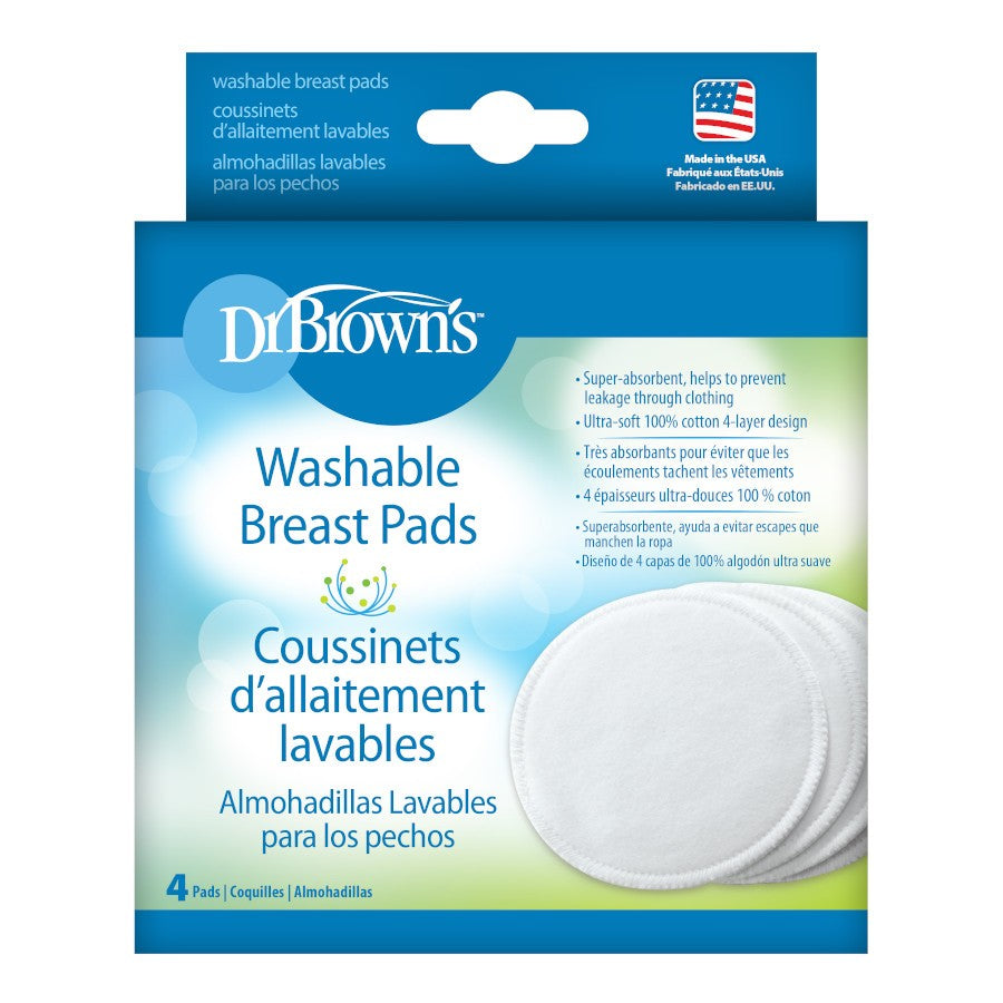 A box of Dr. Brown’s® Washable Breast Pads, 4 Count, is displayed. The packaging highlights multilingual details in English, French, and Spanish, focusing on ultra-absorbent qualities such as a 4-layer design and a 100% cotton top layer to prevent leakage effectively. The box includes four pads.