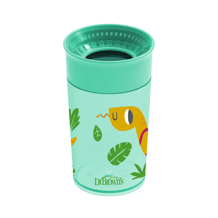 The Dr. Brown’s® Milestones™ Cheers360™ Cup 10 oz/300 mL, offered by Dr. Brown's, is a vibrant green children's sippy cup adorned with playful dinosaur and leaf illustrations. It features a spoutless, 360-degree design and comes with a matching lid to provide an engaging and mess-free sipping experience for little ones.