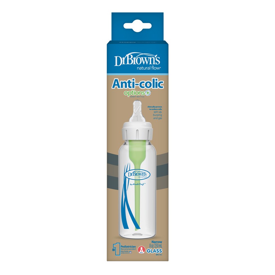 The Dr. Brown’s Natural Flow® Anti-Colic Options+™ package boasts a soothing blue and beige design, featuring a narrow-neck glass baby bottle. It includes a green vent system and a soft Level 1 Slow Flow Silicone Nipple for optimal feeding comfort.