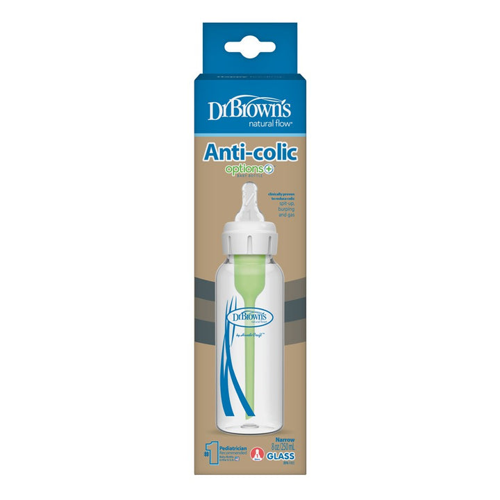 The Dr. Brown’s Natural Flow® Anti-Colic Options+™ package boasts a soothing blue and beige design, featuring a narrow-neck glass baby bottle. It includes a green vent system and a soft Level 1 Slow Flow Silicone Nipple for optimal feeding comfort.