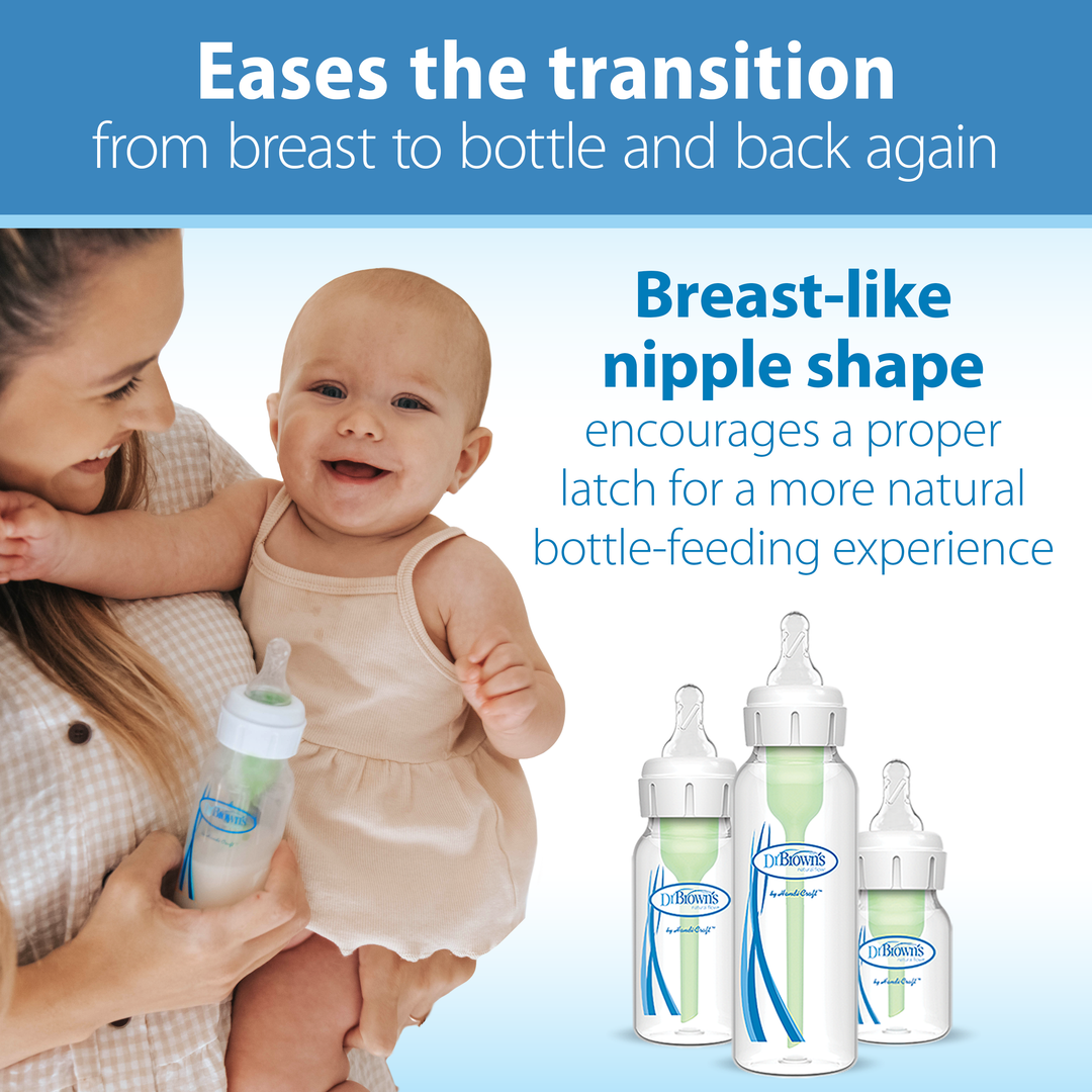 A smiling woman holds a happy baby with a bottle, surrounded by three Dr. Brown’s Natural Flow® Narrow Baby Bottles. The text highlights the seamless feeding experience, thanks to the breast-like silicone nipple shape and anti-colic design, ensuring an easy transition from breast to bottle.