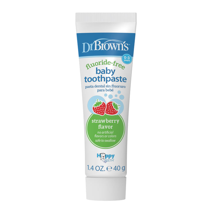 Dr. Brown's ™ Fluoride-Free Baby Toothpaste in strawberry flavor comes in a 1.4 oz (40 g) tube, featuring vibrant strawberry illustrations on the packaging and is safe to swallow for infants aged 0-3, promoting optimal dental hygiene.