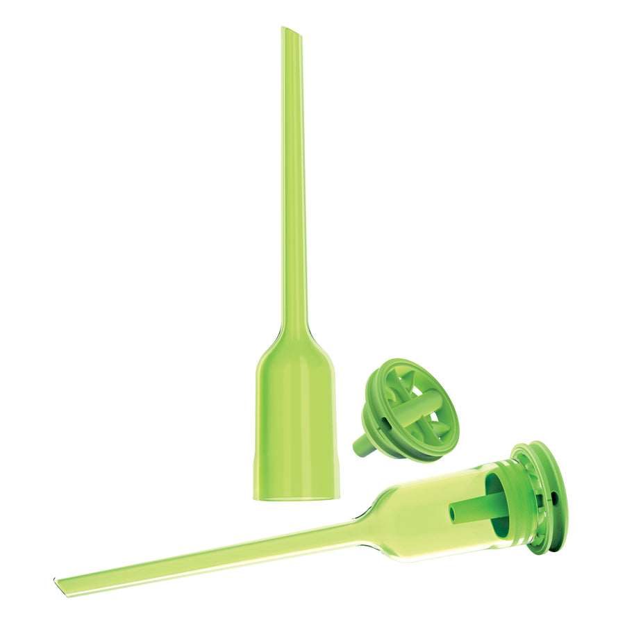 Two green plastic bottle spouts, one standing upright and the other lying down, are featured as part of the Dr. Brown’s Natural Flow® Options+™ Narrow Baby Bottle Replacement Vent Kit, 8oz, 2-Pack. A matching green bottle cap with a circular handle accompanies them, all displayed against a plain white background.