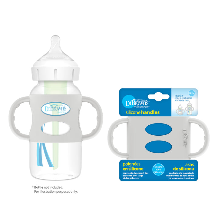 Dr. Brown's Milestones™ Wide-Neck Silicone Handles, designed with slip-resistant, soft silicone for babies developing independent drinking skills, are compatible with Dr. Brown's Wide-Neck Bottles and feature prominently on the packaging along with the Dr. Brown's logo.