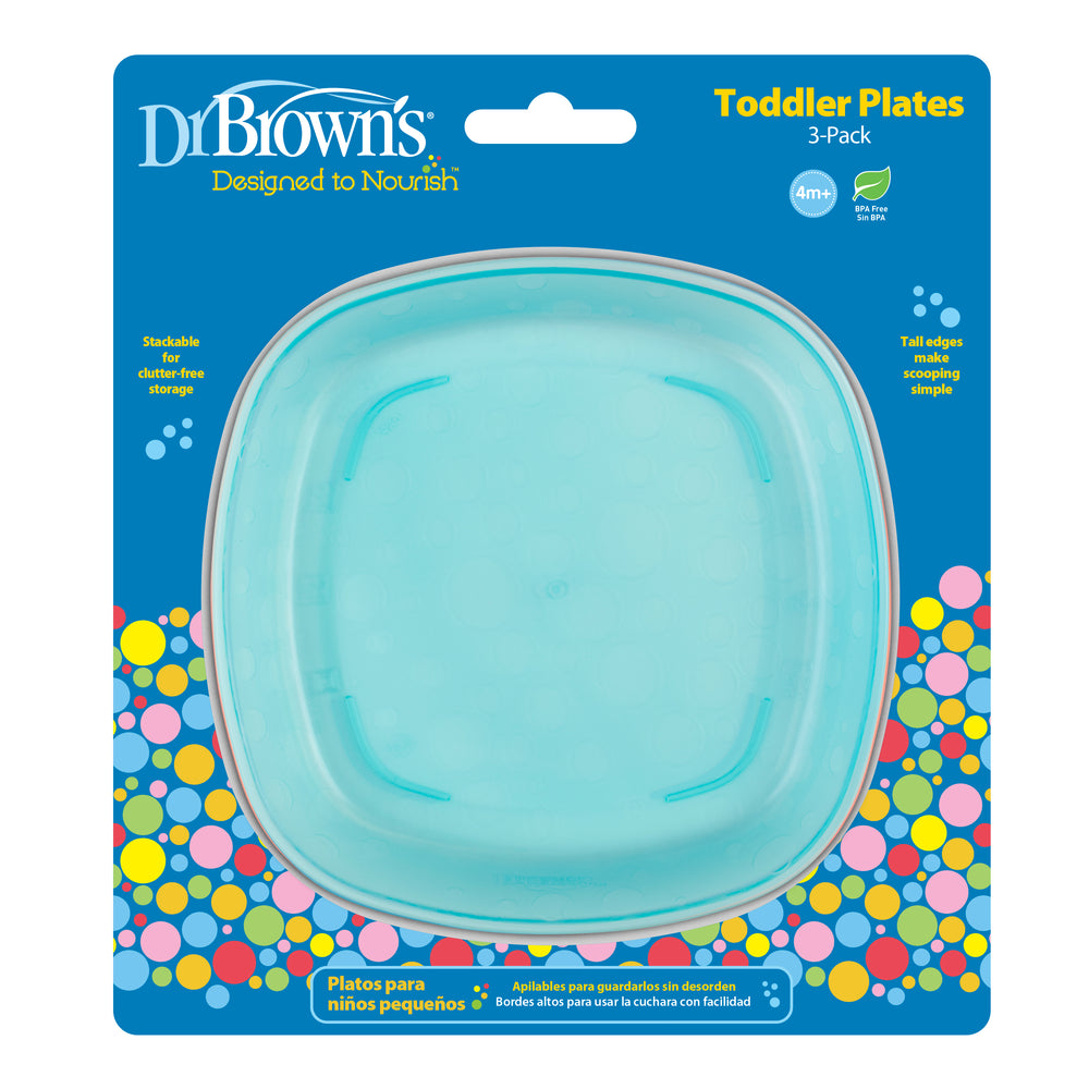 The packaging for Dr. Brown's Toddler Plate highlights a turquoise plate within a lively polka-dotted box, making it ideal for introducing first foods. The plate is stackable, features tall edges, and is suitable for toddlers aged 4 months and up.