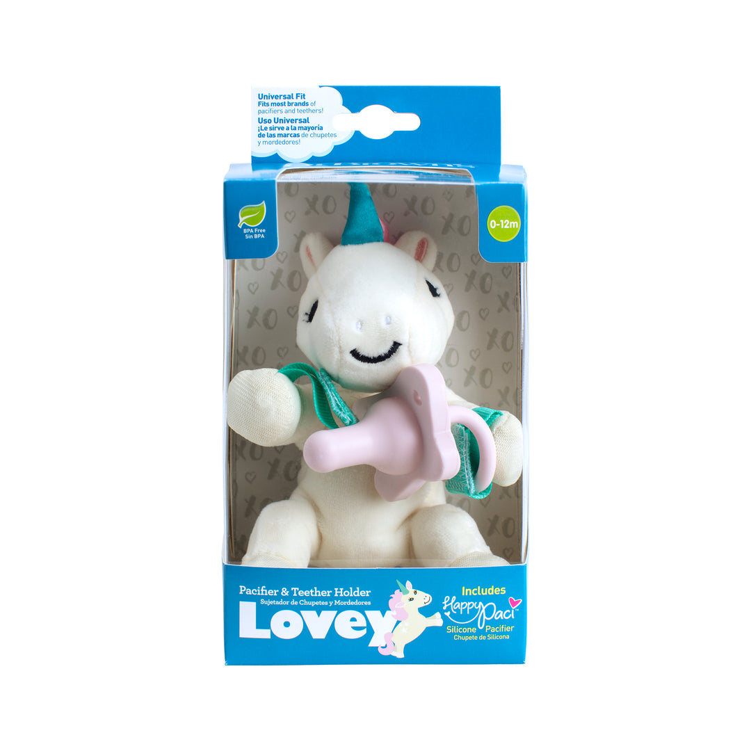 A Dr. Brown’s® Lovey Pacifier and Teether Holder in a unicorn design, packaged in a blue box while holding a pink pacifier. It's specifically the HappyPaci by Dr. Brown's, ideal for infants aged 0-12 months.