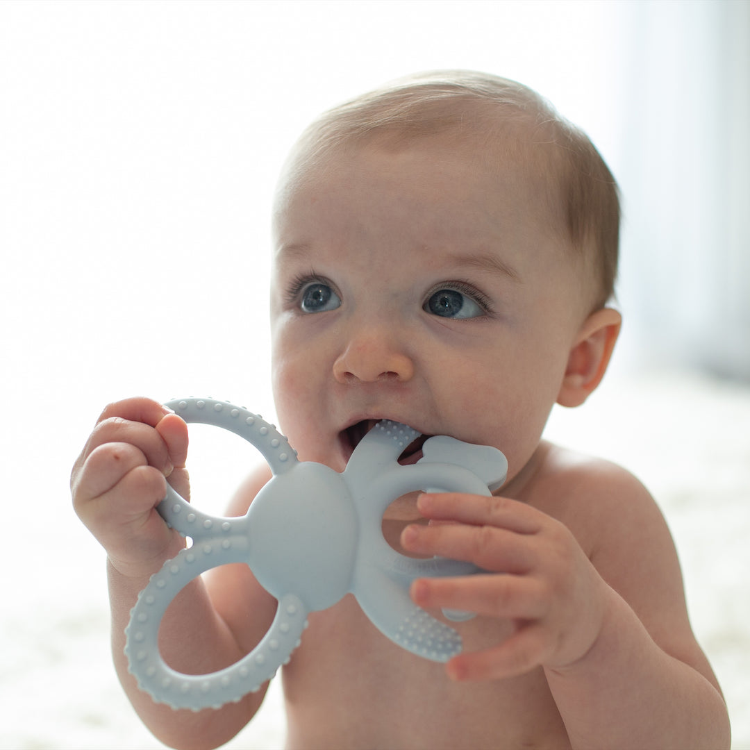 A baby with light hair is holding and chewing on a gray silicone toy shaped like a bunny, known as the Dr. Brown's™ Flexees™ Bunny Teether, providing soothing teething relief. The softly lit background creates a calm and serene atmosphere.