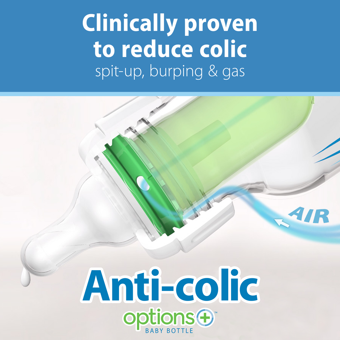 The image features Dr. Brown's Natural Flow® Anti-Colic Options+™ Narrow Baby Bottle, complete with a cutaway view showcasing its air venting system. The accompanying text highlights that it is "Clinically proven to reduce colic, spit-up, burping & gas," emphasizing its anti-colic capabilities.