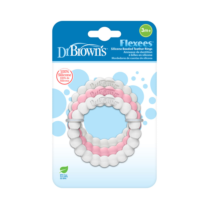 Packaging of Dr. Brown’s™ Flexees™ Beaded Teether Rings, suitable for ages 3 months and up. The image shows two silicone teethers featuring pink, white, and grey beads designed to alleviate teething pain. The label emphasizes "100% silicone," providing a safe method for babies to self-soothe during this important phase.