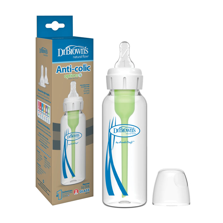 The Dr. Brown's Natural Flow® Anti-Colic Options+™ Narrow Glass Baby Bottle, featuring a Level 1 Slow Flow Nipple, is displayed alongside its packaging, highlighting its innovative anti-colic design. A transparent cap completes the bottle's presentation.