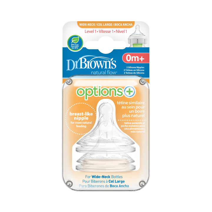 Packaging for the Dr. Brown's Natural Flow® Wide-Neck Baby Bottle Silicone Nipple features an anti-colic design with a wide-neck, breast-like silicone nipple suitable for infants 0m+. It includes two level 1 nipples to enhance the feeding experience with wide-neck bottles. The packaging has text in English, French, and other languages.