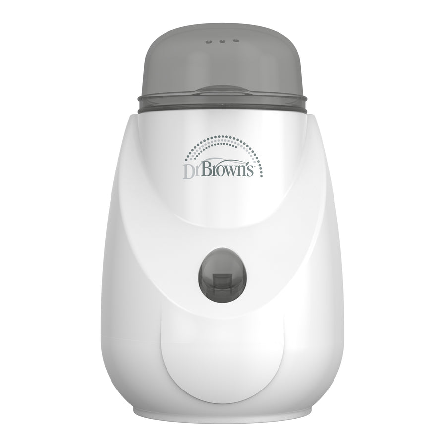 A Dr. Brown's Insta-Feed™ Baby Bottle Warmer and Sterilizer, featuring a sleek white and gray design with the "Dr. Brown's" logo prominently displayed on the front, sits on a plain backdrop. Its transparent lid makes it ideal for quick Insta-Feed sessions.