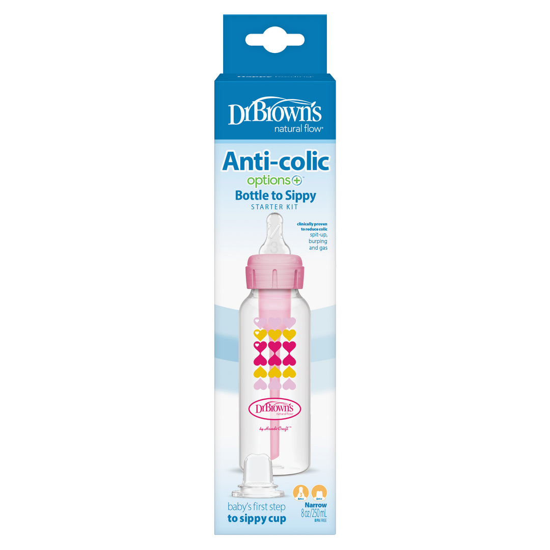 The tall packaging for Dr. Brown's Natural Flow® Anti-Colic Options+™ Narrow Sippy Bottle Starter Kit, 8oz/250mL, includes a clear bottle adorned with pink and yellow heart designs. The blue box prominently features the "Natural Flow" label and emphasizes its Anti-Colic benefits, while also proudly stating that it is "BPA Free.