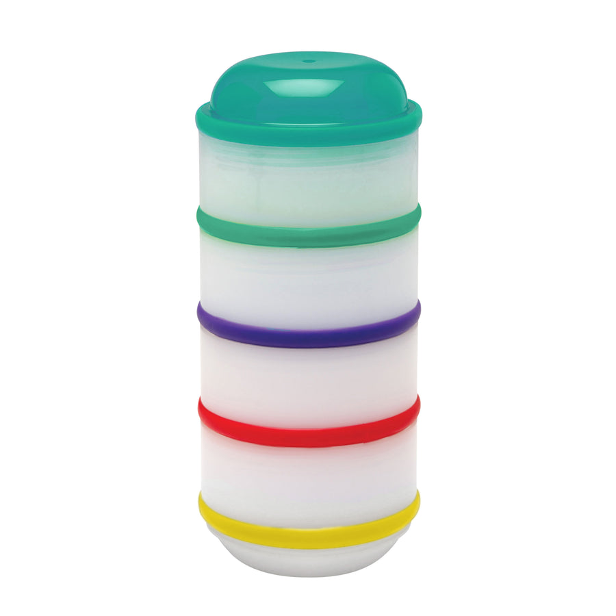 A vibrant column of Dr. Brown's Snack-A-Pillar stackable dipping cups, each showcasing brightly colored lids and rims in green, turquoise, purple, and red. These four round containers are perfect for organizing or serving baby snacks with style.