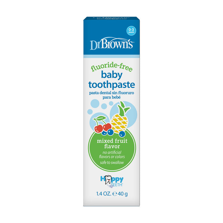 Dr. Brown's™ Fluoride-Free Baby Toothpaste [Mixed Fruit] 1-Pack is a 1.4 oz (40 g) box designed to encourage improved oral hygiene habits with xylitol. The packaging, in white and green, features fruit illustrations and emphasizes "mixed fruit flavor," along with assurances of "no artificial flavors or colors" and being "safe to swallow.