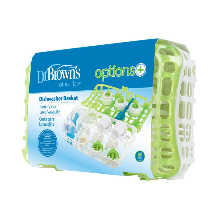 The packaging for Dr. Brown’s™ Options+™ Dishwasher Basket for Baby Bottle Parts by Dr. Brown's is ideal for cleaning bottle components. The box features a crisp white and green design, displaying images of baby bottle parts neatly organized in the basket, with text provided in English, French, and Spanish for convenience.