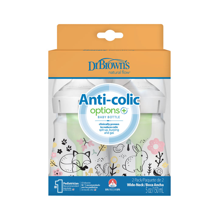 The Dr. Brown’s Natural Flow® Anti-Colic Options+™ Wide-Neck Baby Bottle set, 5oz/150mL, 2-Pack includes two bottles adorned with an enchanting design of rabbits, trees, and flowers. These wide-neck bottles are equipped with slow flow, breast-like nipples and feature a clinically proven anti-colic design to minimize discomfort.