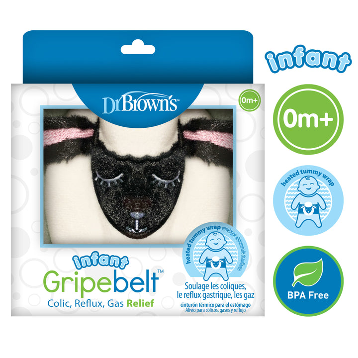 Packaging of the Dr. Brown’s™ Infant Gripebelt™ Colic Relief Belt, designed for ages 0 months and up, showcases a sheep design for relief from colic, reflux, and natural gas issues. It is BPA-free and includes a tummy wrap illustration with text provided in both English and French.