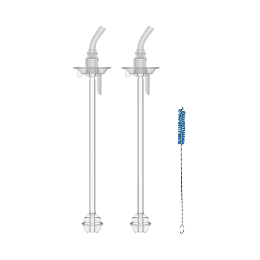 In a vertical arrangement on a white background are two of Dr. Brown’s® Sippy Straw Bottle Replacement Kits from Dr. Brown's, featuring transparent pourer spouts for narrow bottles, alongside a blue cleaning brush with a metal handle.