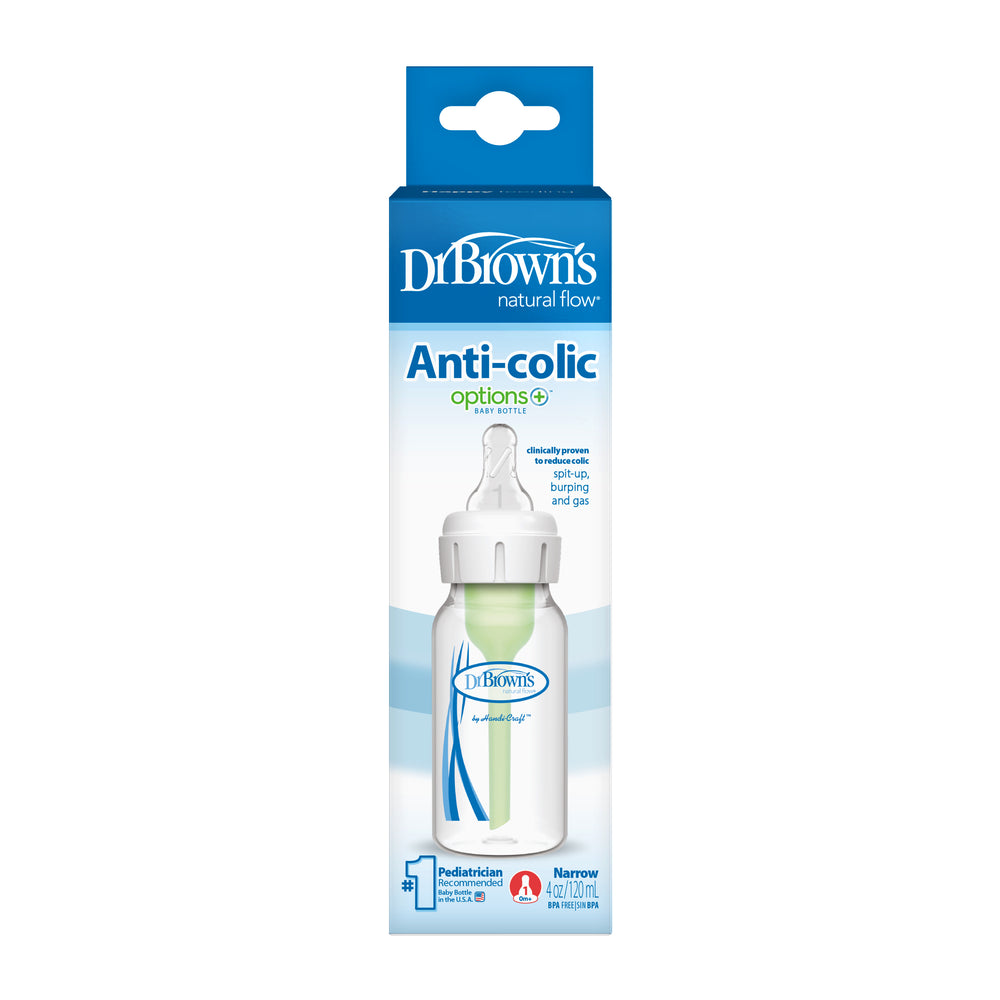 The Dr. Brown’s Natural Flow® Anti-Colic Options+™ Narrow Baby Bottle, featuring a clear design with white and blue accents, is enclosed in a soothing blue and green package. This product includes the "Natural Flow" system, is noted as "Narrow 4oz/120ml," and bears the recognition of being the "#1 Pediatrician Recommended Baby Bottle in the USA.